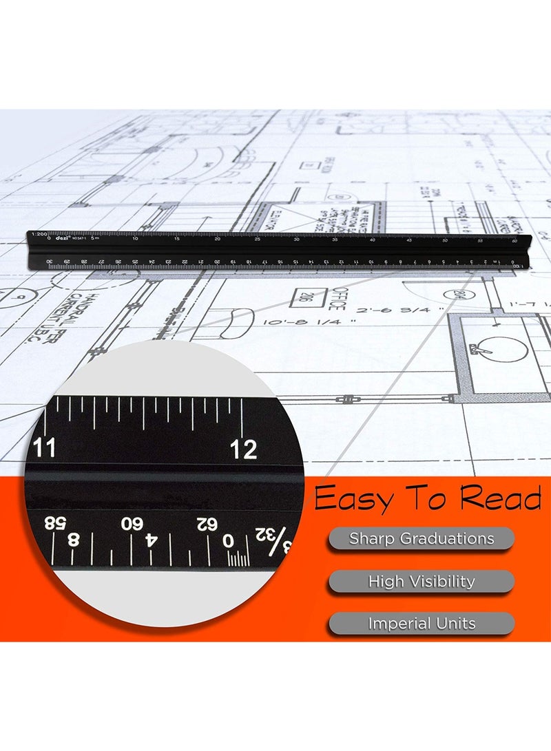 مقياس معماري، مقياس ثلاثي زوايا من الألومنيوم مقاس 1:20، 1:25، 1:50، 1:75، 1:100، 1:125، قياسي 12 بوصة للمهندسين والطلاب والرسامين - أسود - Image 4
